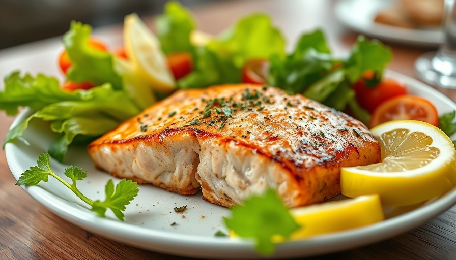 Grilled salmon with salad; microplastics in food health risks concept.