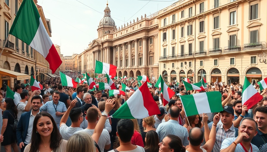 Italy National Day celebration with flags and crowd in city square.