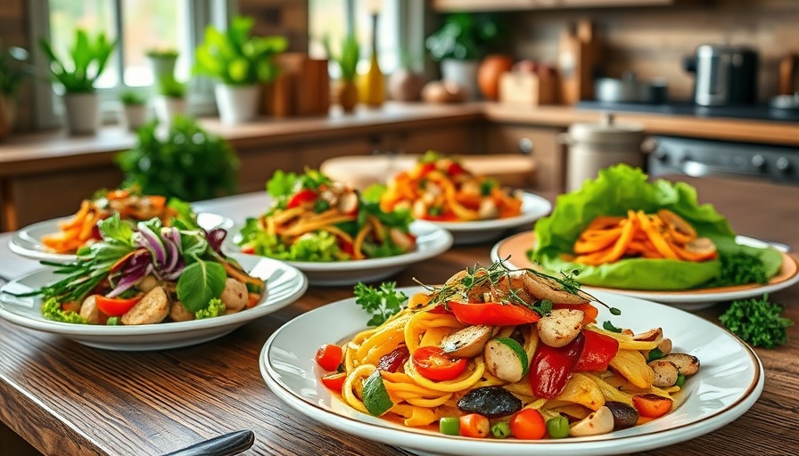 Delicious vegetarian dishes on a rustic table in Highland Village