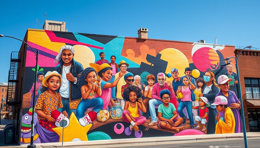 Colorful urban mural in Texas city, featuring vibrant artwork.