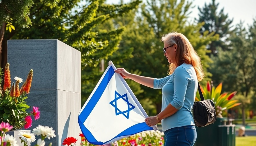 Thoughtful individuals engage in memorial tribute with Israeli flag.