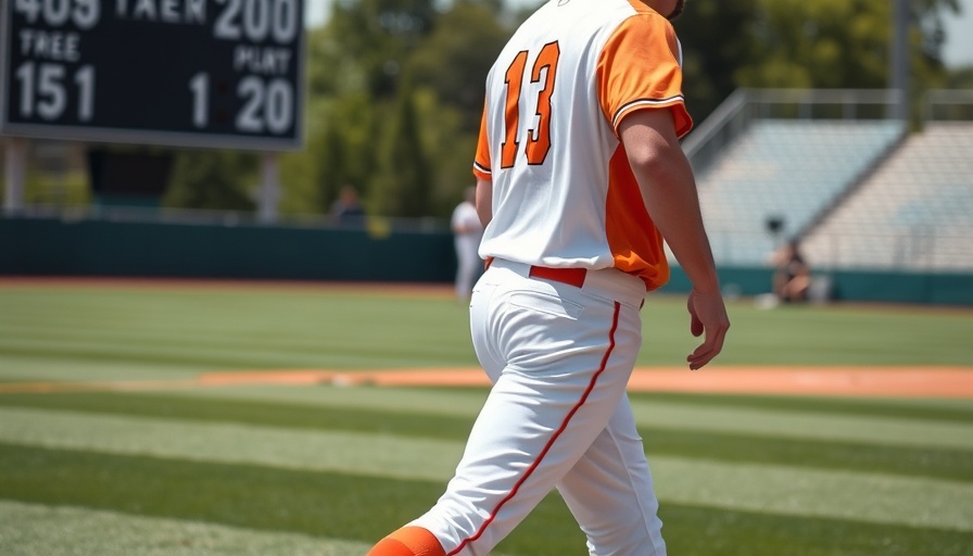 Baseball player in orange and white uniform after getting hit.