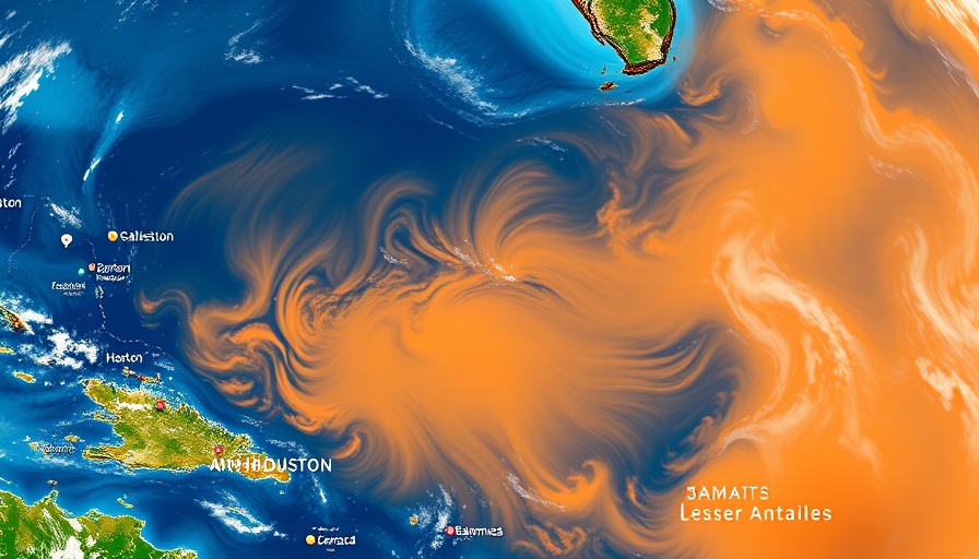 Saharan dust map showing dust spread over Caribbean regions.