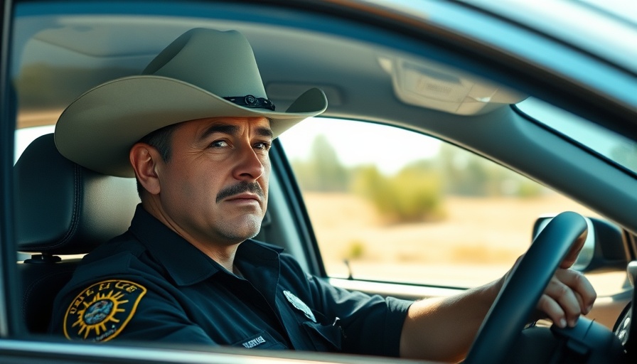 Police officer in patrol car wearing cowboy hat in Harris County.