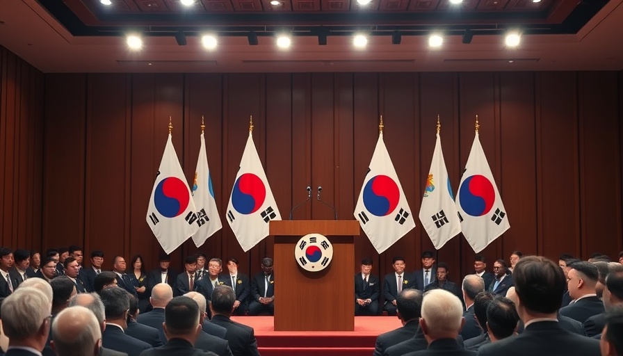 Podium with South Korea flags at a formal political event.