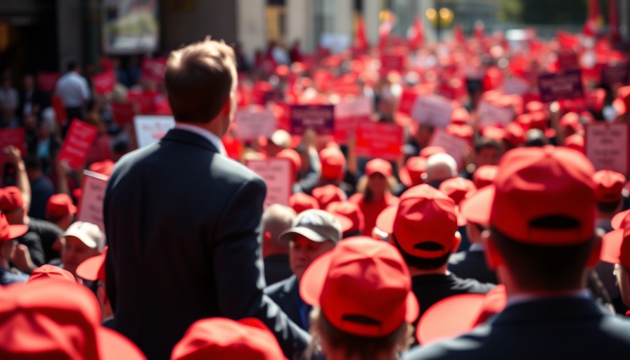 Crowd at political rally with red hats and signs, blurry figure in front.