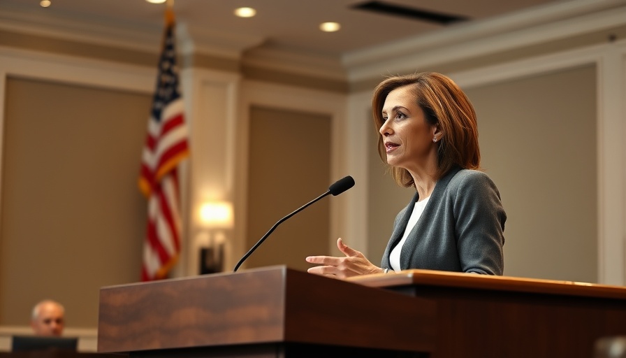 Female speaker at podium with audience, discussing policy.