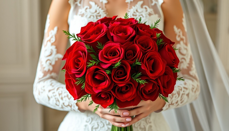 Bride holding red bouquet, wedding detail close-up.