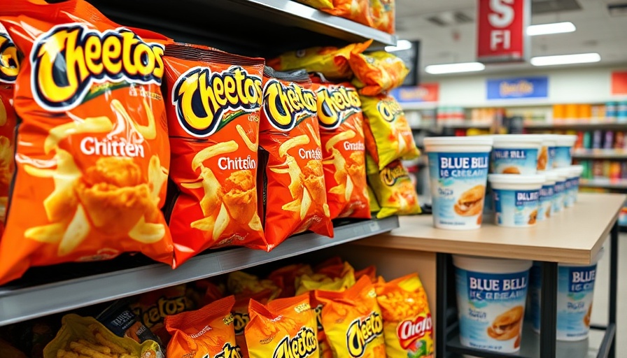 Texas Junk Food Warning Labels: Snack display with Cheetos and ice cream.