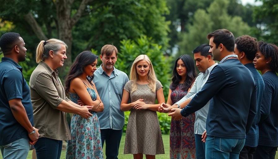 Group solemnly standing in circle in breaking news scene.