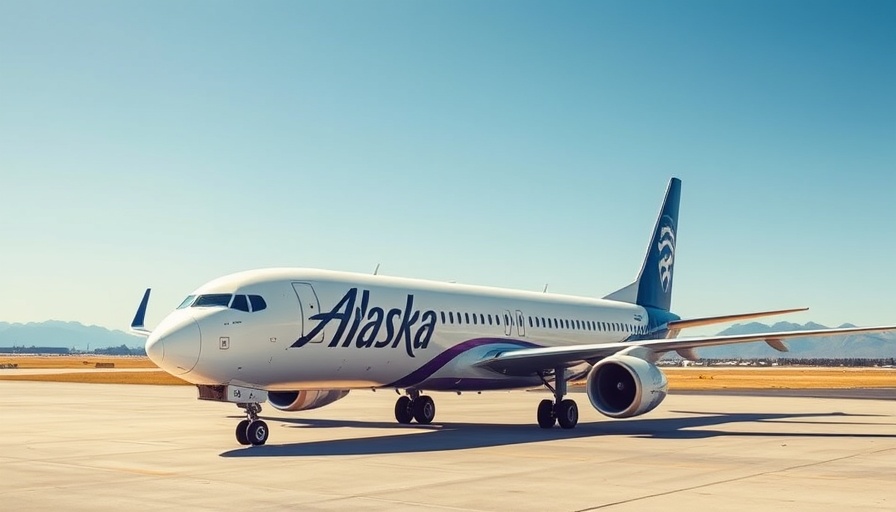 Modern Alaska Airlines plane parked, tariffs disrupting flights.