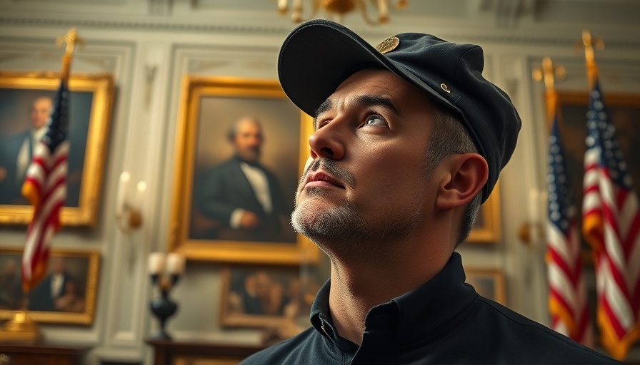 Portrait of a man in classic setting with flags and historical decor.