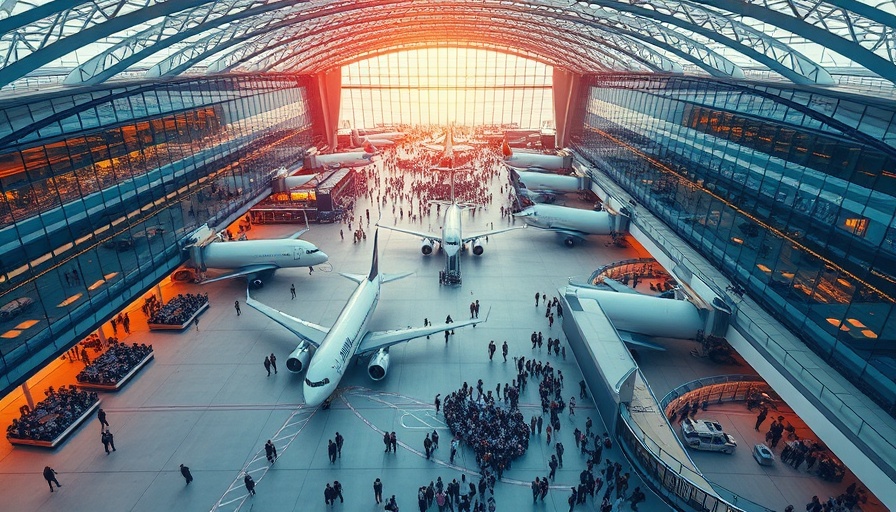 Aerial view of a busy airport highlighting modern architecture.