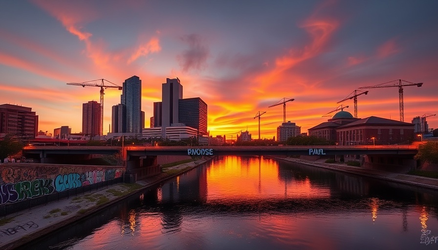 Austin skyline with cranes and graffiti bridge at sunset.