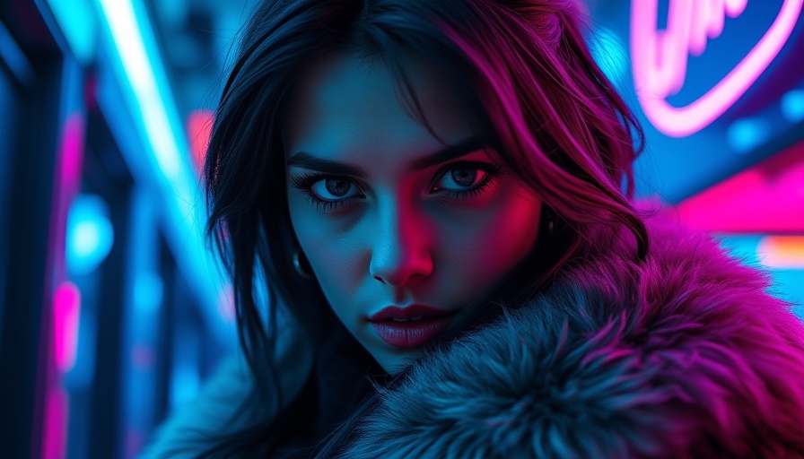 Mysterious woman in neon lights, intense look, related to ballerina movie review.