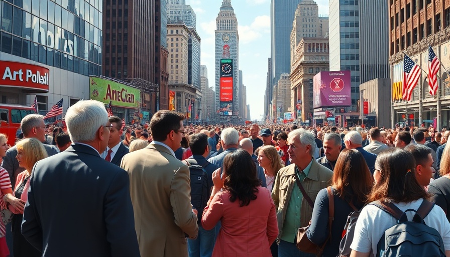 Dynamic scene representing current events in America with diverse interactions.