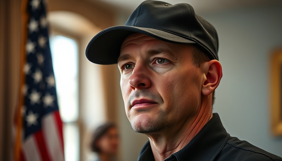 Man wearing black cap indoors with American flags in background.