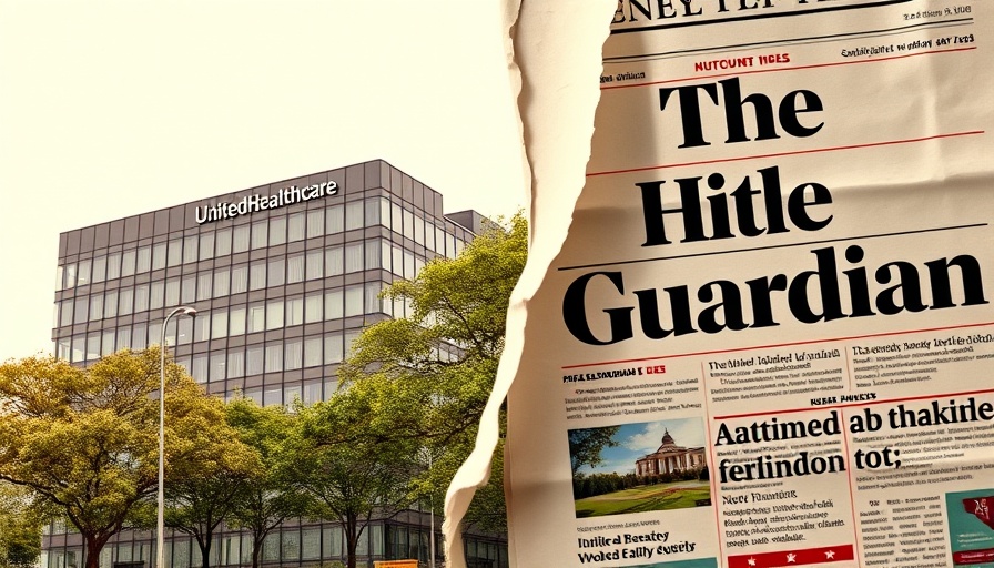 UnitedHealthcare building and The Guardian newspaper, torn effect, legal conflict imagery.