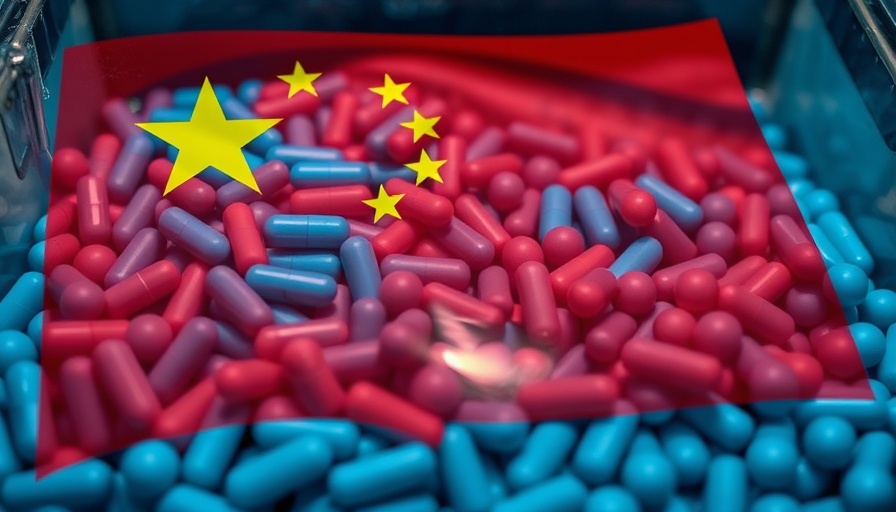 Container of blue pills with Chinese flag overlay: Chinese chemical bust by border officials.
