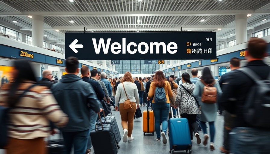 Travelers at airport entrance with multilingual welcome sign.