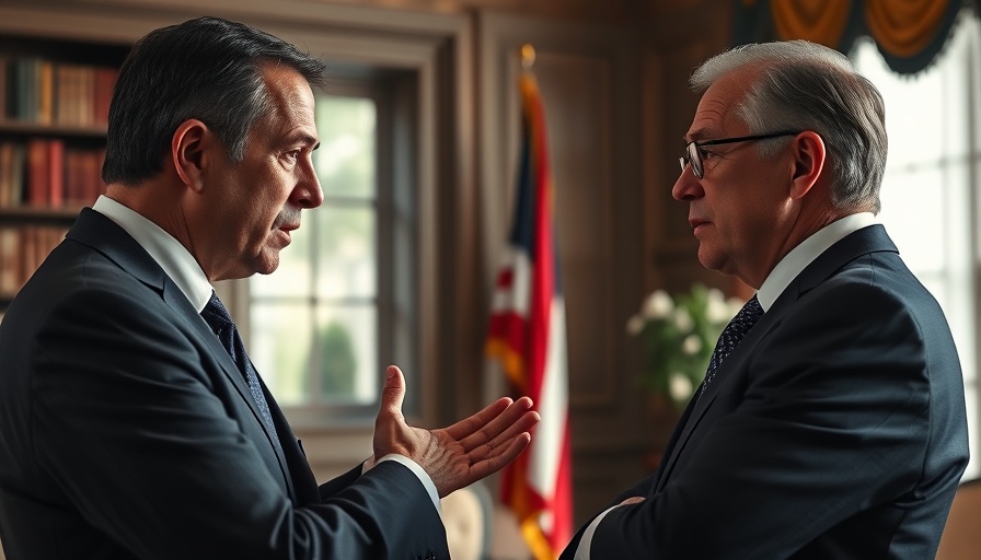 Animated discussion between notable figures in elegant room; national news headlines.
