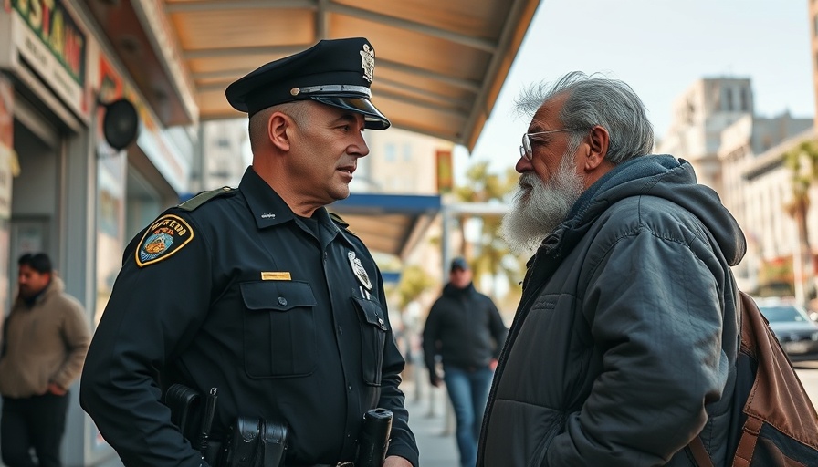 San Francisco police officer speaking with a homeless person in an urban setting.