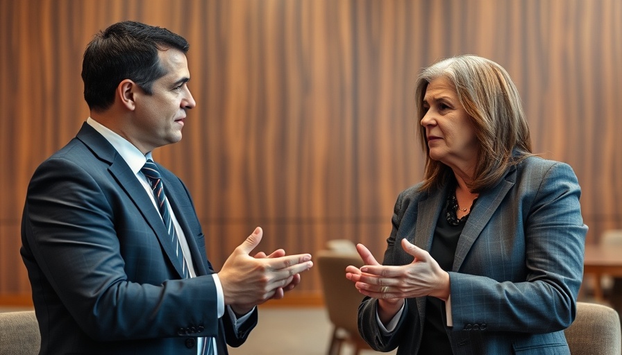 Two professionals discussing national education policy in a formal setting.