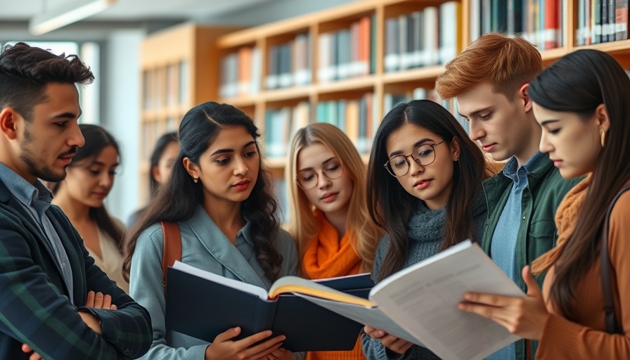 Students discussing legal support for Telugu students in the US, in library.