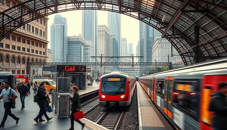 Urban train station with commuters waiting, depicting DART service updates.