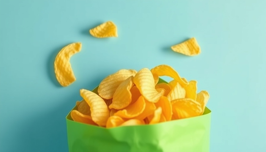 Open bag of potato chips on blue background, common snacking mistakes