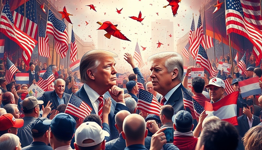 Abstract depiction of American current events with political symbols.