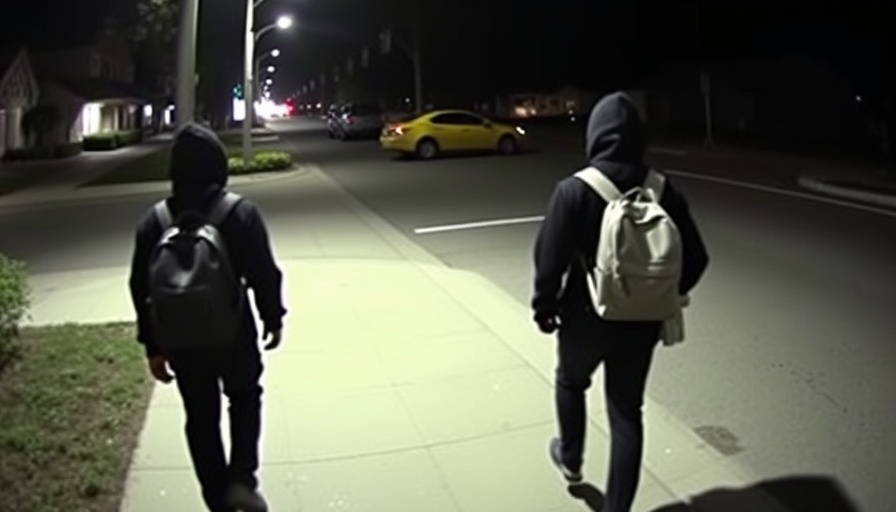 Two people in backpacks walking on a sidewalk at night, captured by security camera.