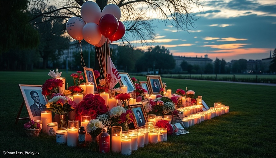 Solemn memorial scene with candles and flowers at sunset in park.
