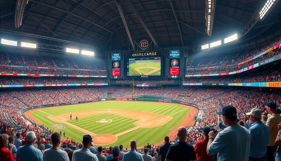 Animated scoreboard during a baseball game, lively stadium crowd.