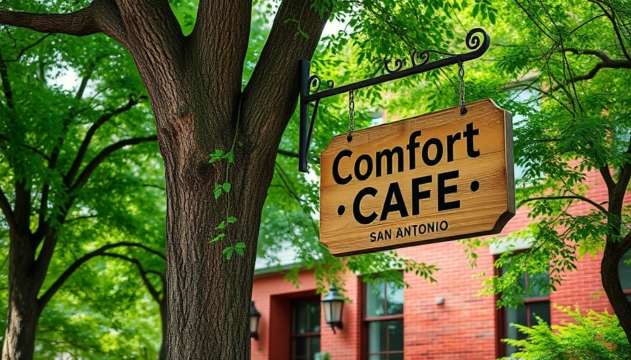 Comfort Café sign in San Antonio business district among greenery.