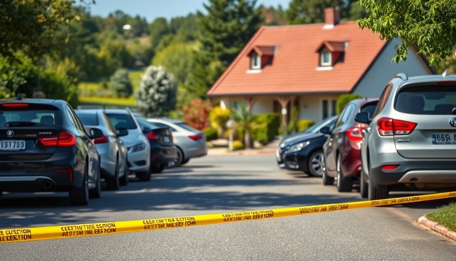 Residential area with cars and caution tape, 2 year old critically injured family vehicle accident