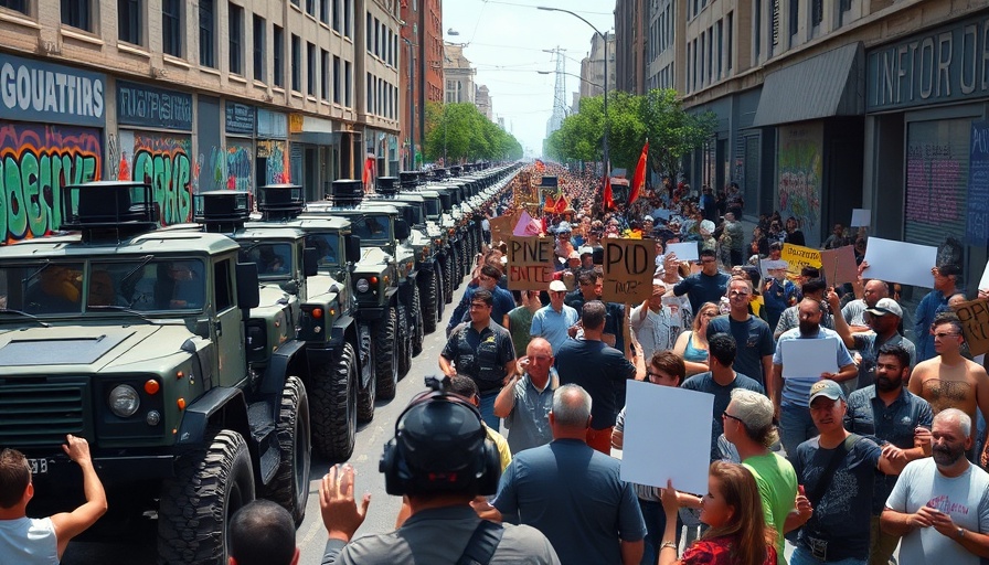 Protest with military vehicles in California, highlighting immigration standoff