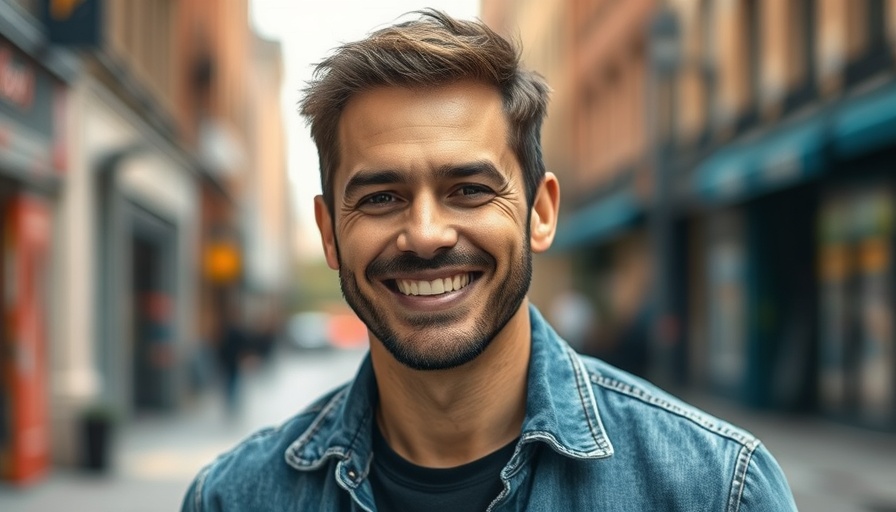 Smiling man in denim jacket with blurred background.