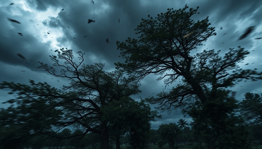 Intense derecho severe winds bending trees under dark stormy skies.