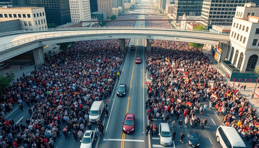 Aerial view of Los Angeles immigration protests with large crowd.
