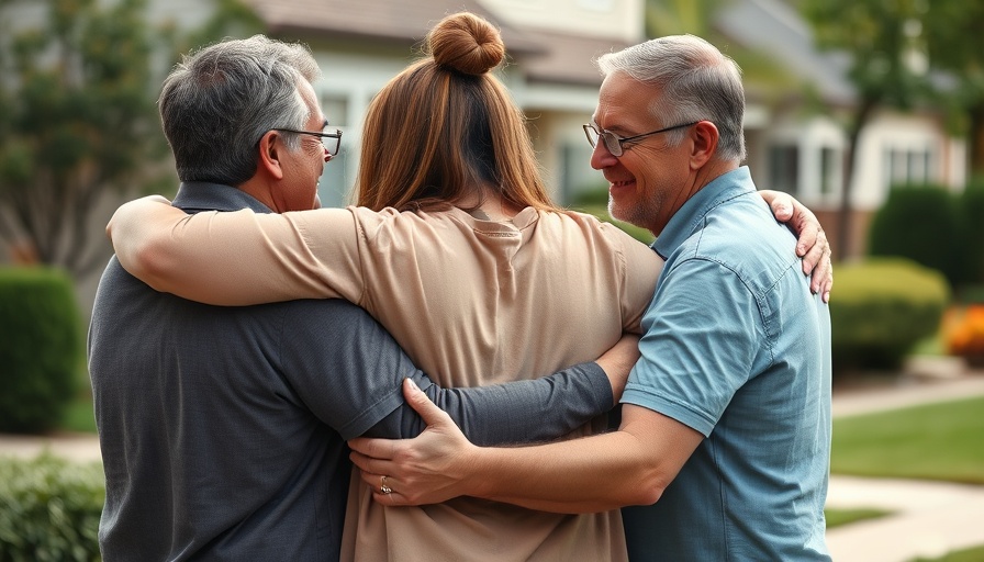 Emotional embrace of three individuals outdoors, holding each other closely.