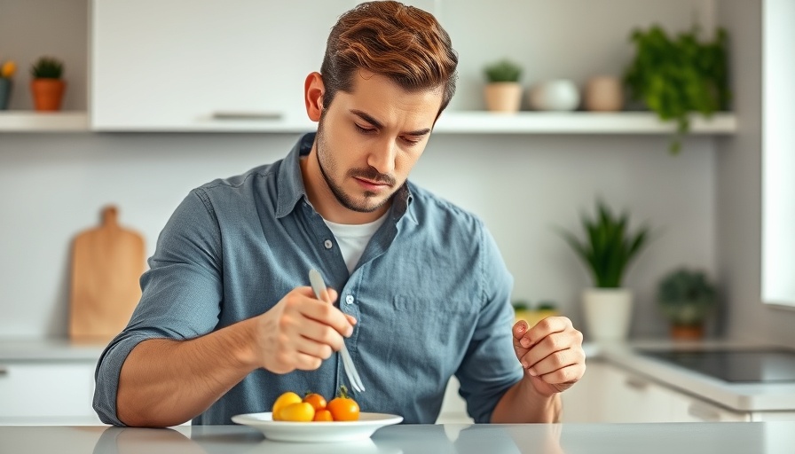 Pensive man with cutlery and small fruit piece, diet effects on mental health.