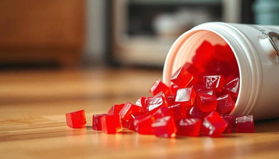 Red gummy edibles spilling from container; health risks of cannabis use in older adults.