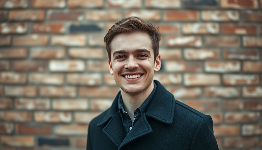 Smiling young man in dark coat against brick wall at cultural event.