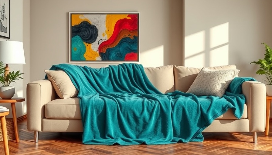Cozy living room setting with teal blanket on sofa.