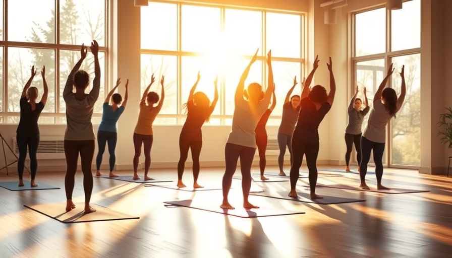 People practicing yoga with sunlight streaming through windows.