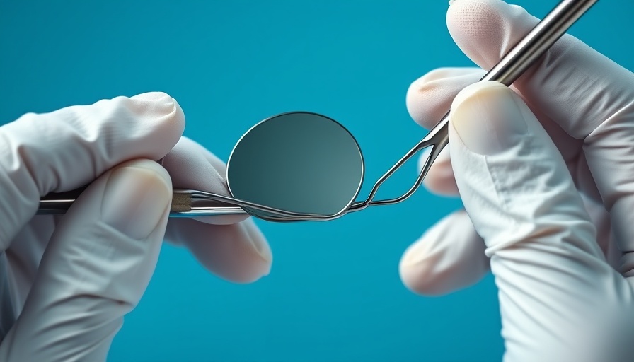 Close-up of dental tools in gloved hands, blue background.