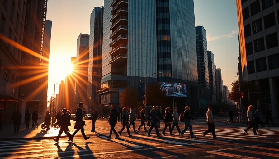 Silhouettes of people in city street during sunrise, big data in healthcare concept.