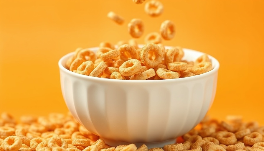Golden cereal in white bowl; high-fiber non-fruit food on orange.