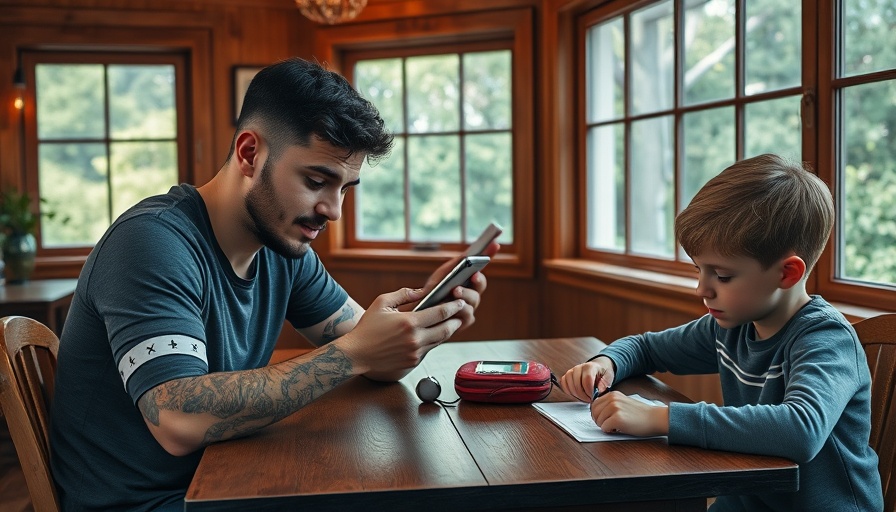 Man uses smartphone for health monitoring alongside boy studying.